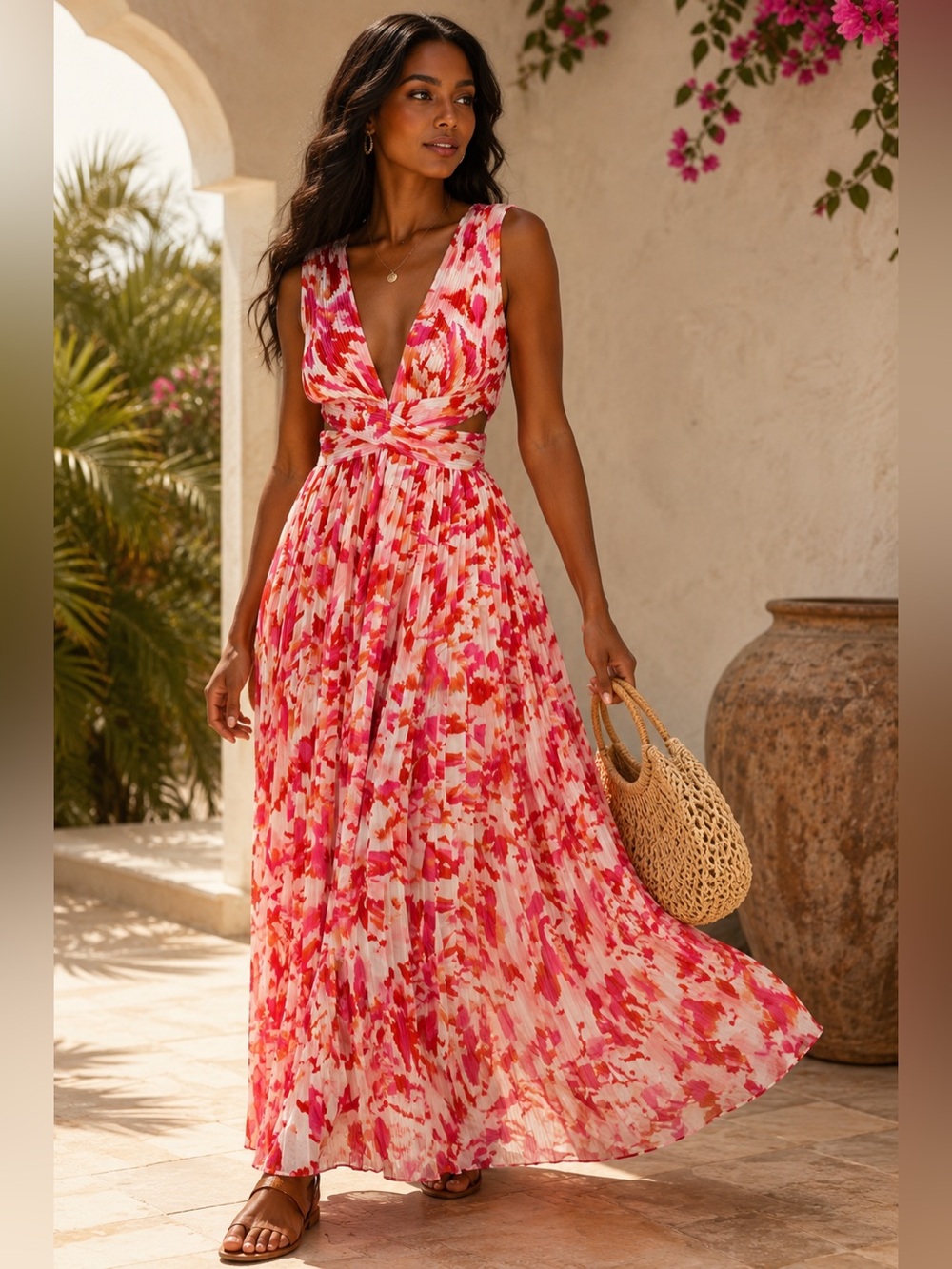 Whyte Valentine Pink Orange Pleated Sleeveless Midi Dress UK 8